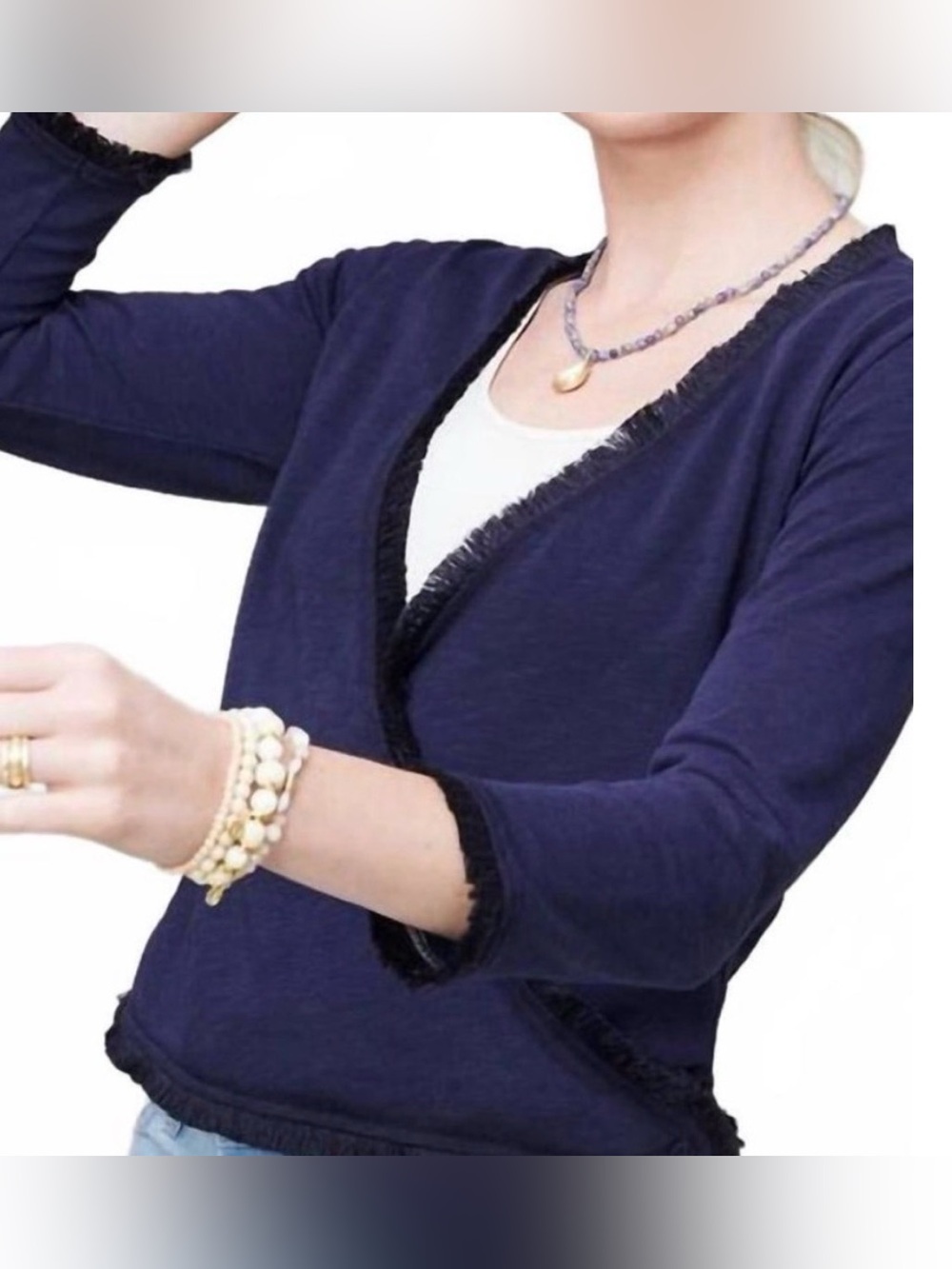 Spartina 449 Clara Convertible Cardigan Fringe Trim Navy Sz L Cotton Blend NWOT